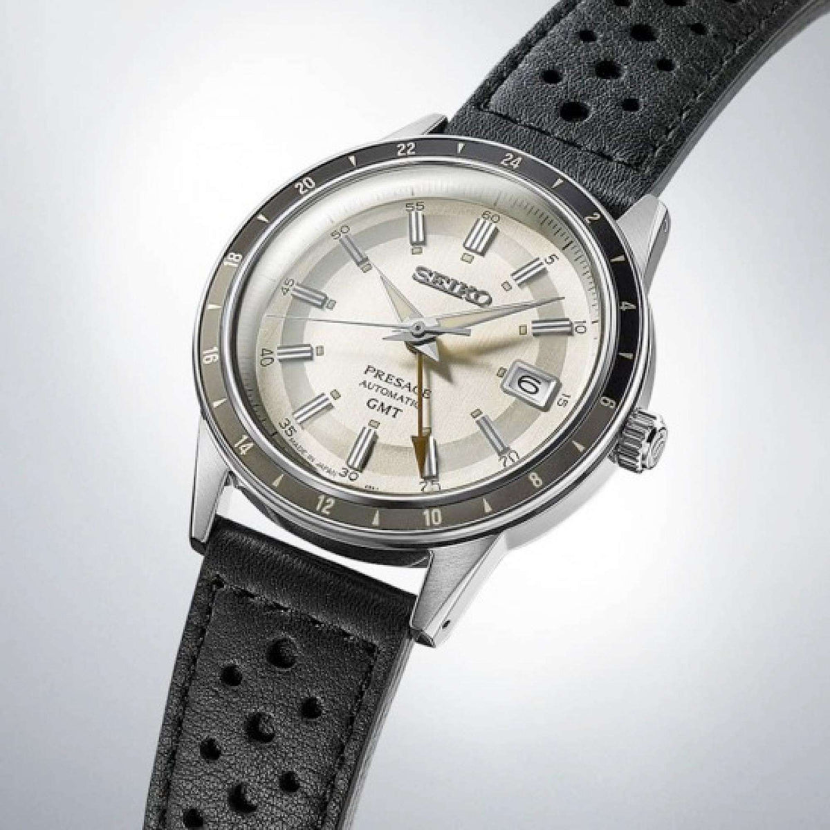 Seiko Presage Stone Style 60s Road Trip GMT SSK011J1 black  strap and angled dial view
