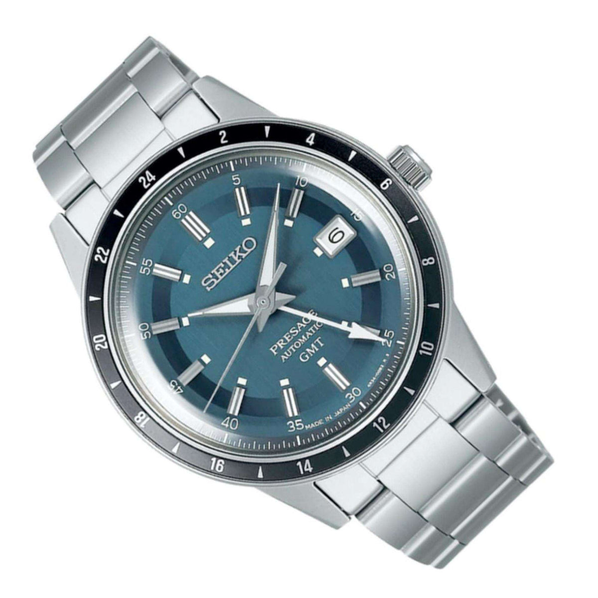 Seiko Presage SSK009J1 stainless steel case and black 24-hour bezel view