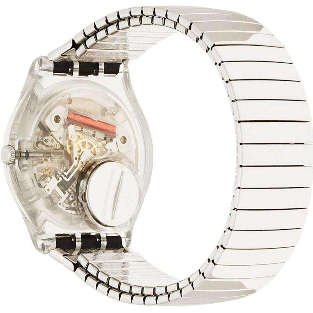 Silver-tone metal link watch bracelet with clear caseback showing inner mechanism
