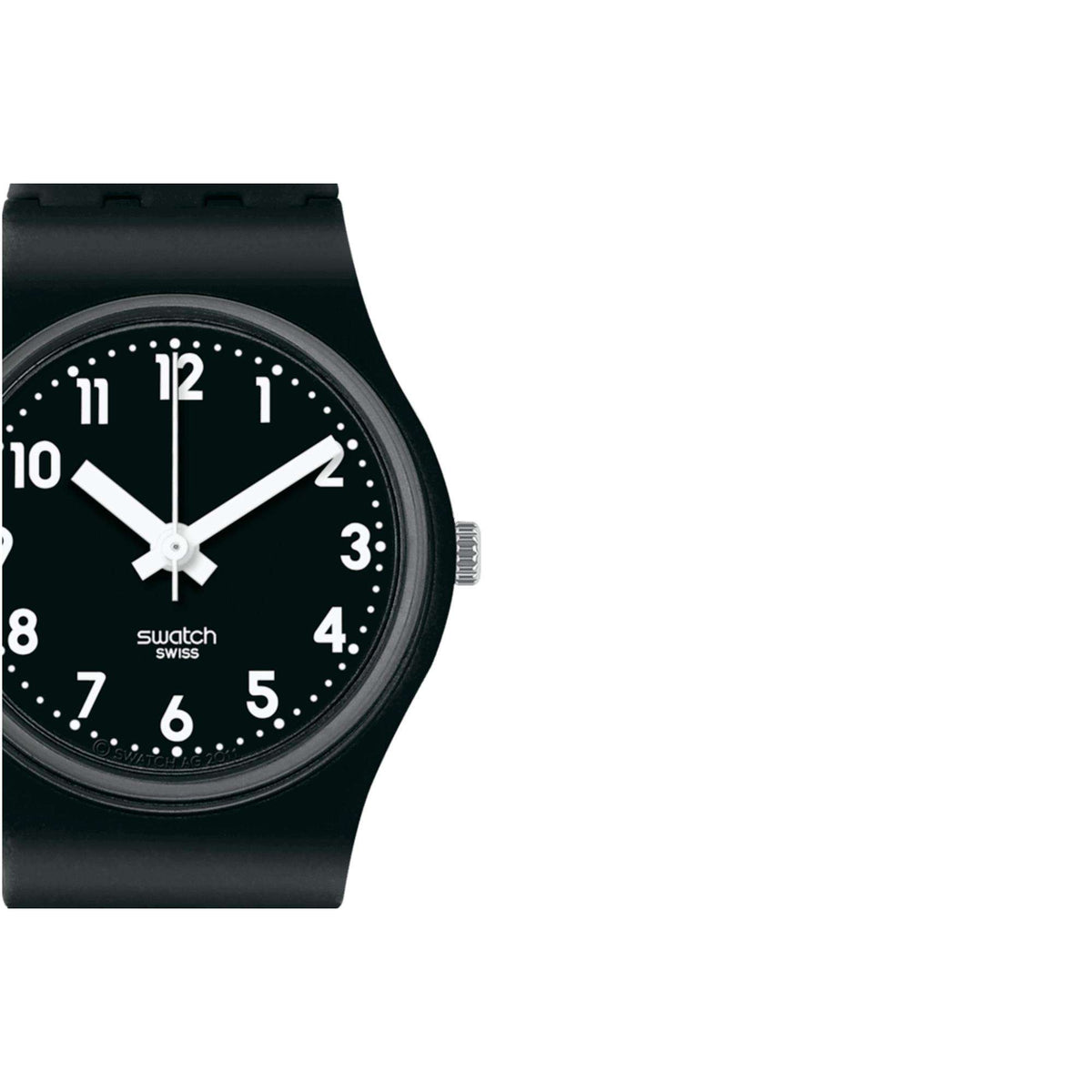 Close-up of black watch dial with white markers, swatch logo, and minute/hour hands