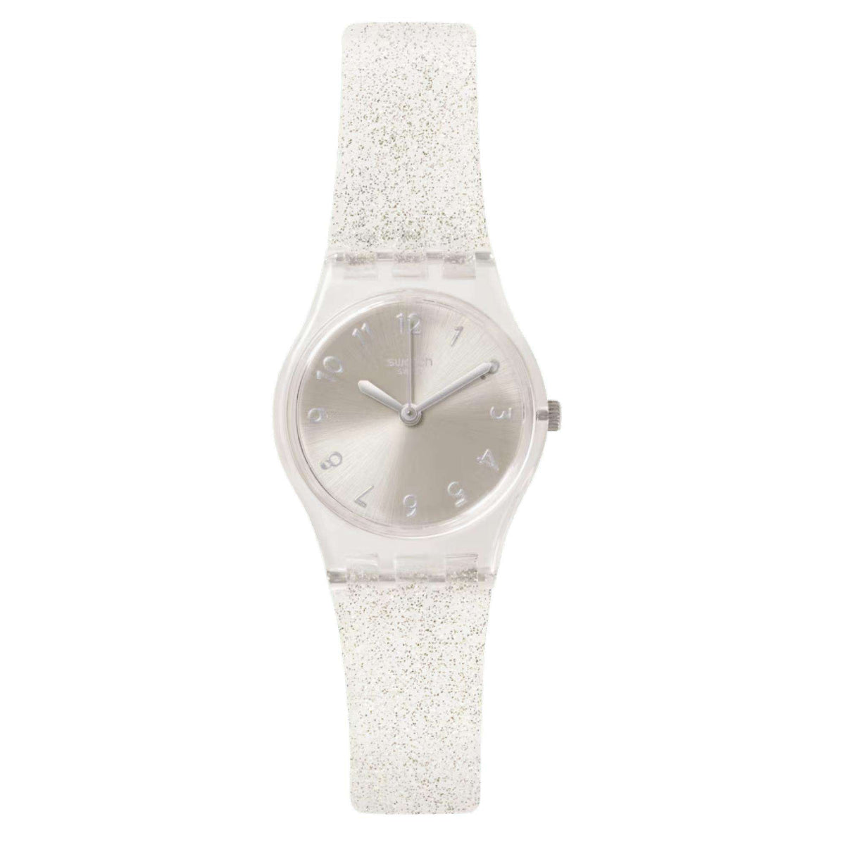 Round silver ladies watch with glitter transparent strap and clear bezel