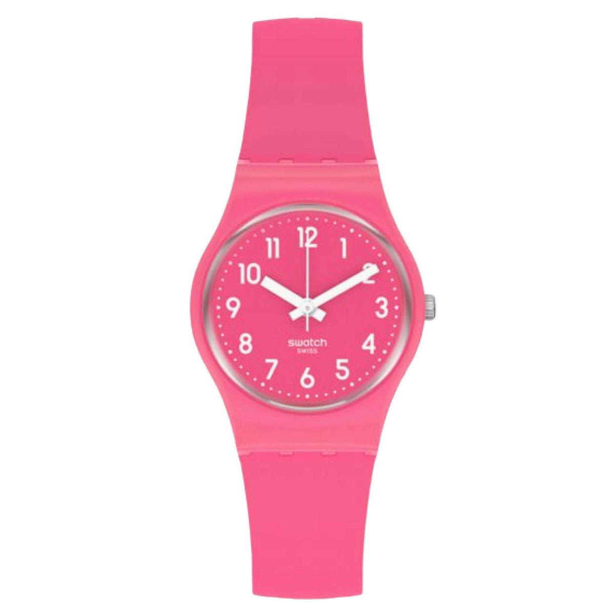 Pink silicone strap wristwatch with round pink dial, white hands, and hour markers