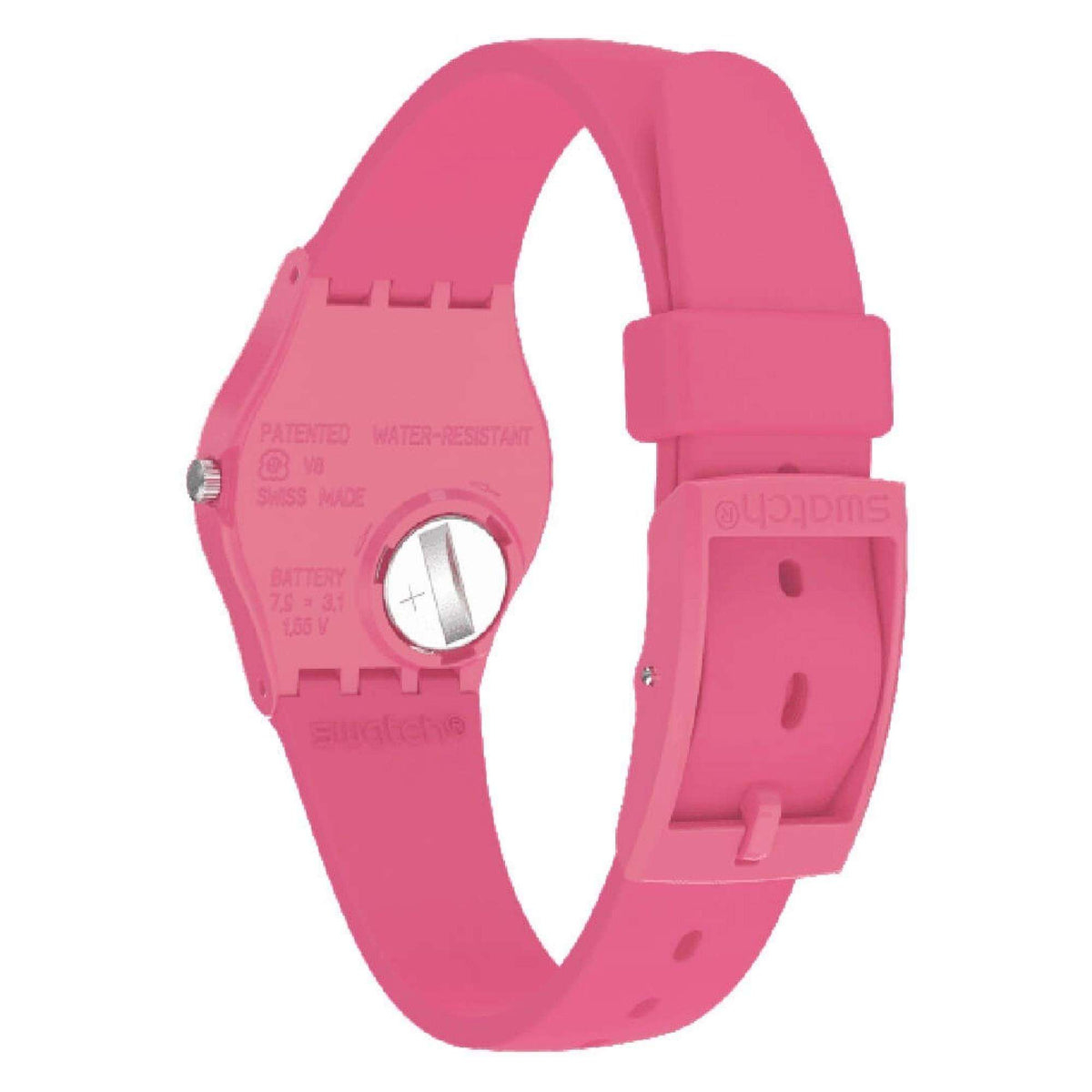 Pink silicone strap watch showing case side and clasp with metal dial accent