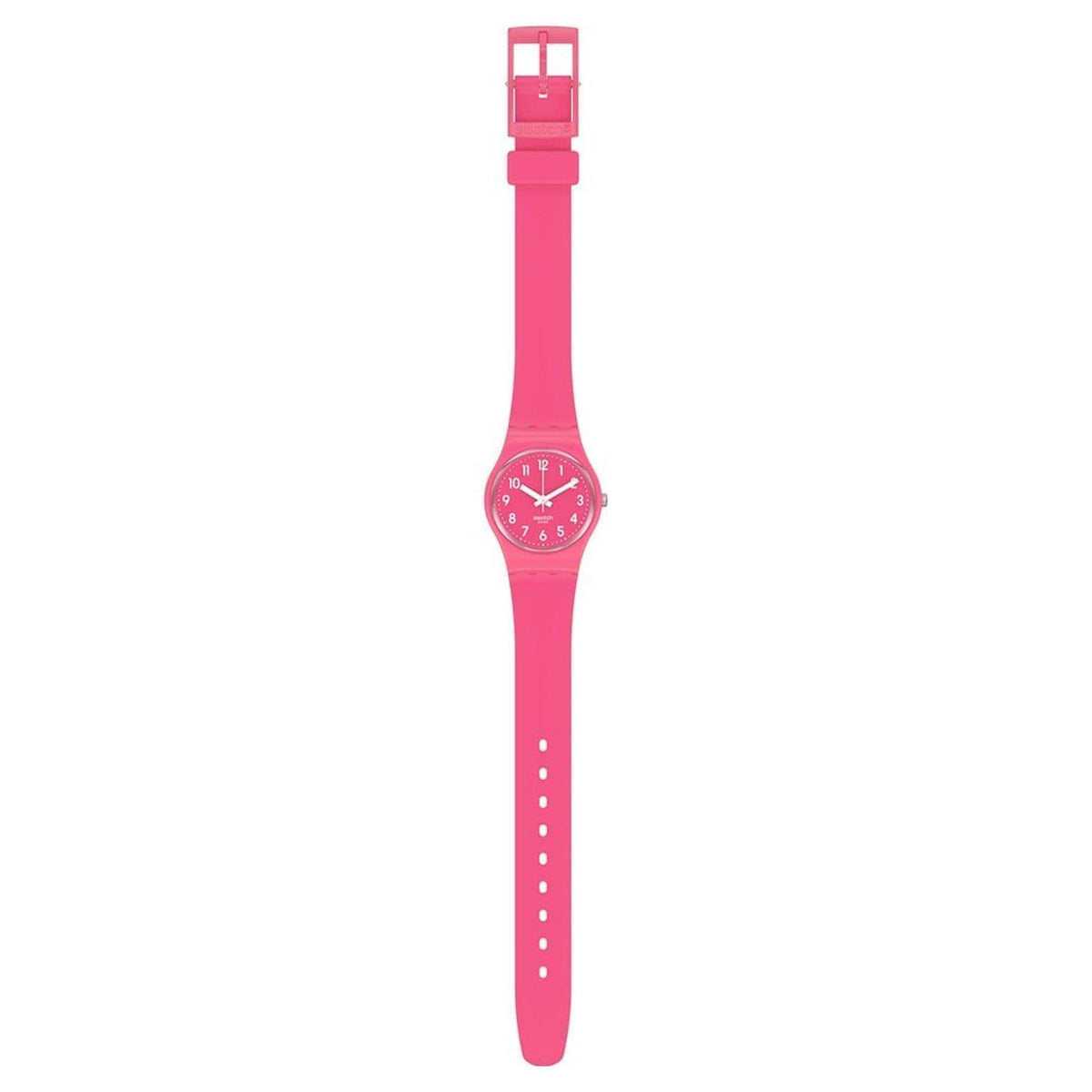 Pink silicone strap wristwatch with small round pink dial and vertical strap holes