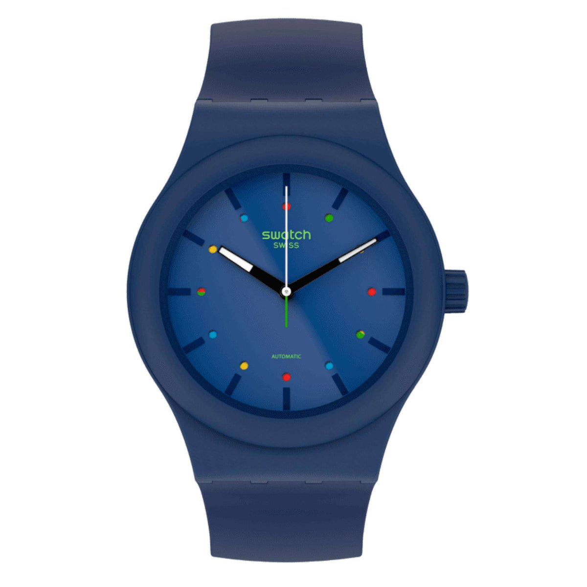 Men's Swatch quartz watch with blue dial, multicolor hour markers, and navy rubber strap