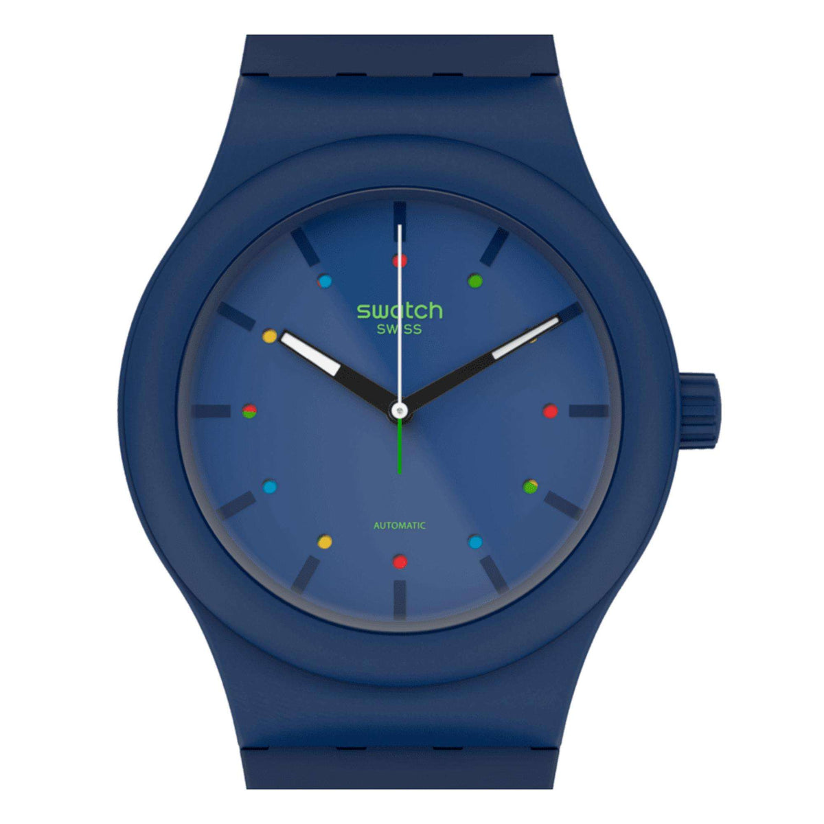 Men's Swatch quartz watch angled front view, blue dial with multicolor markers, rubber strap
