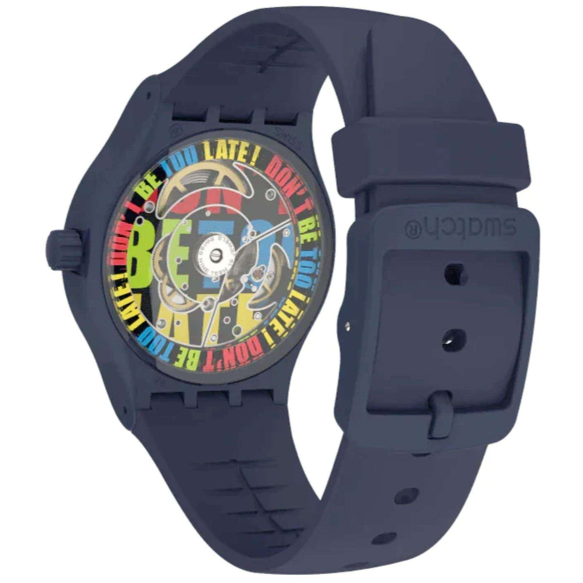 Men's Swatch quartz watch with graphic dial and navy rubber strap, side view of clasp