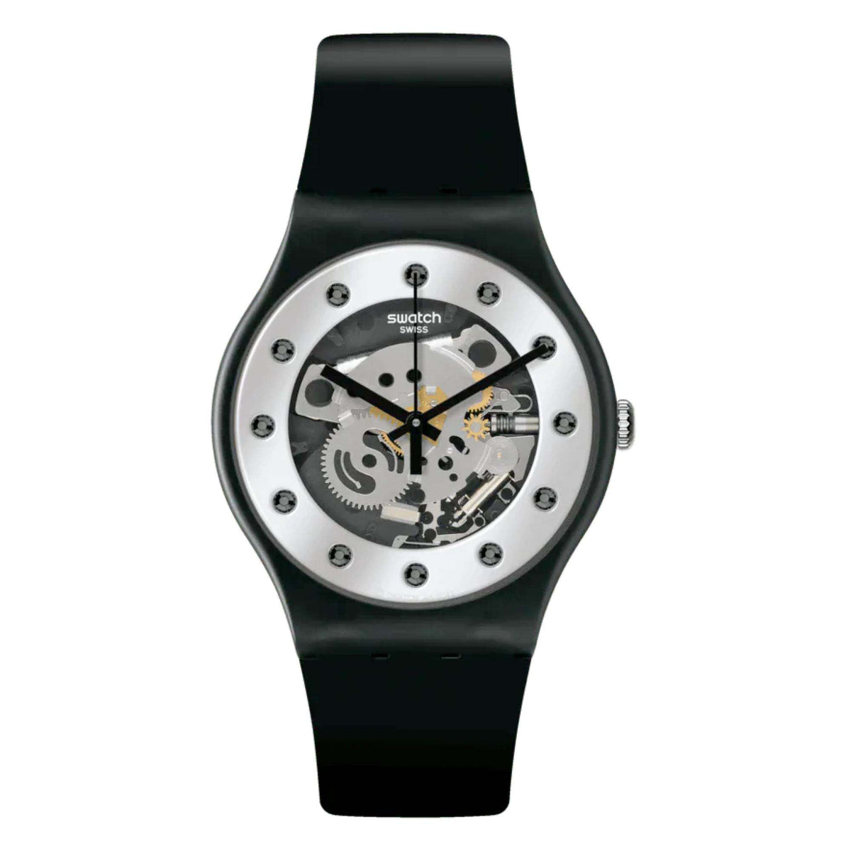 Quartz watch with silver skeleton dial, black rubber strap, round case and bezel