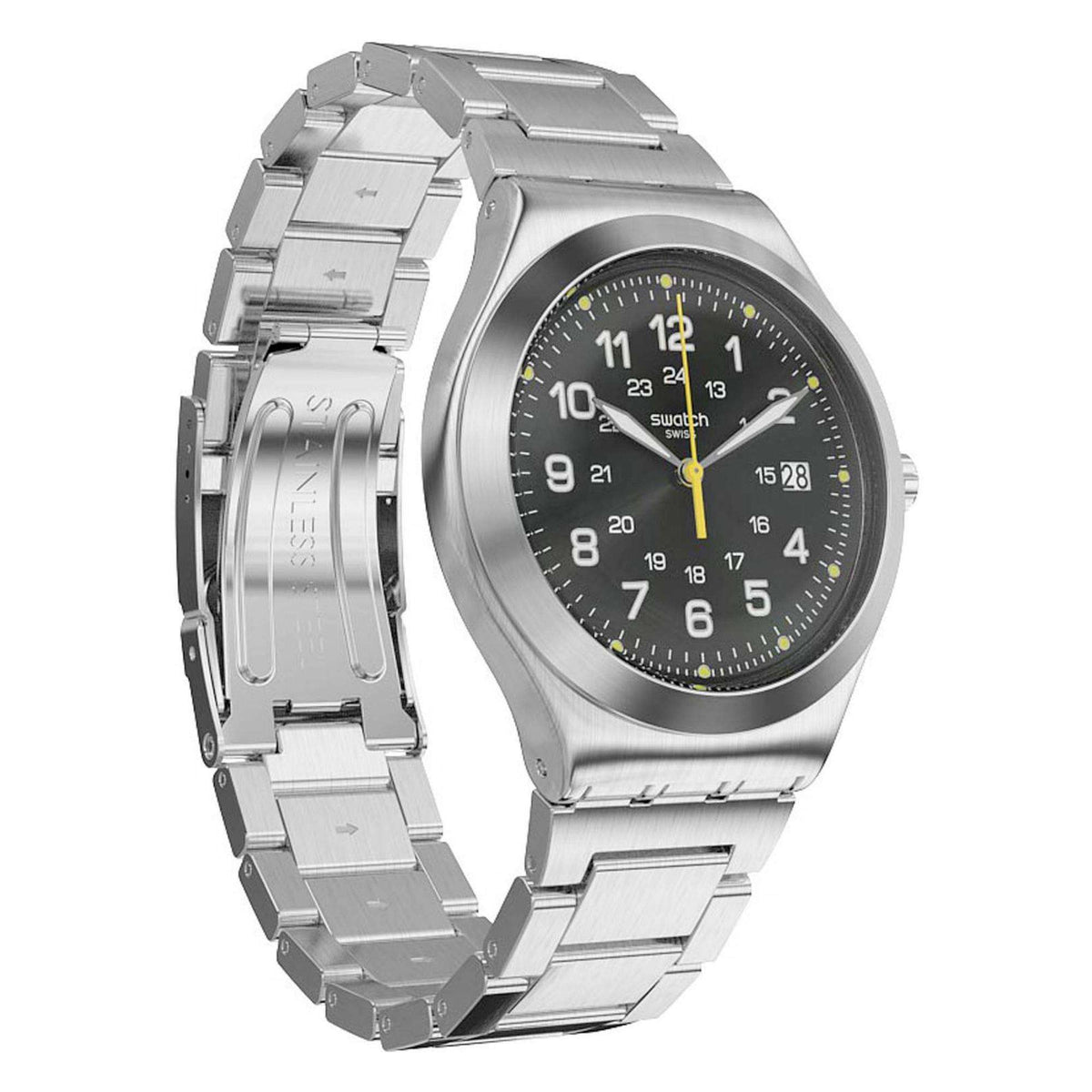Stainless steel quartz wristwatch shown from the side with black dial and metal bracelet links.
