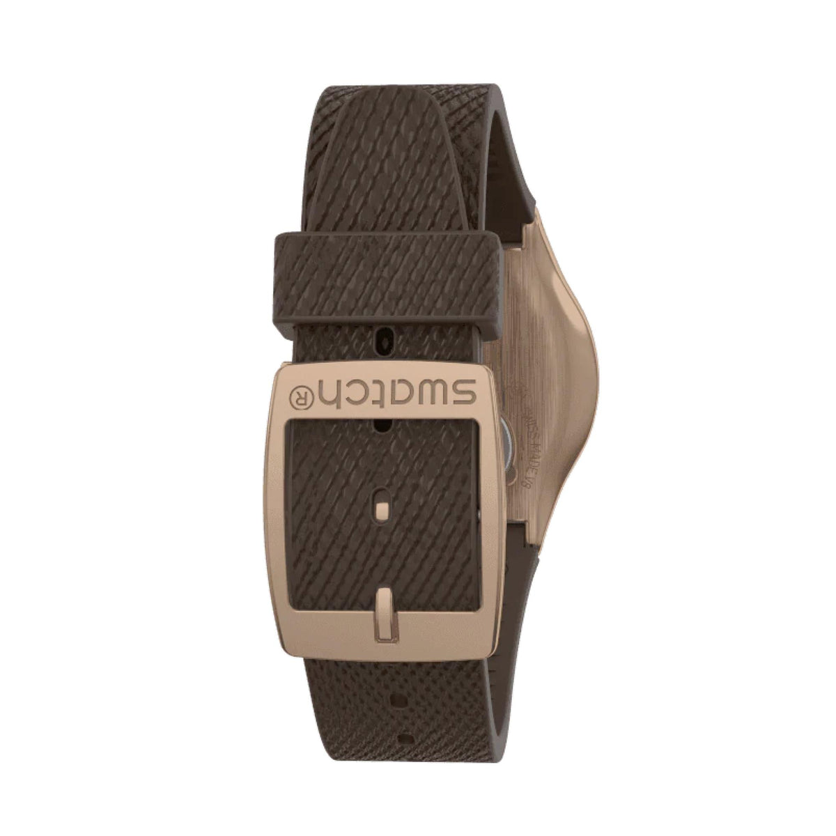 Back view quartz watch with rose-gold case plate and dark brown silicone strap buckle
