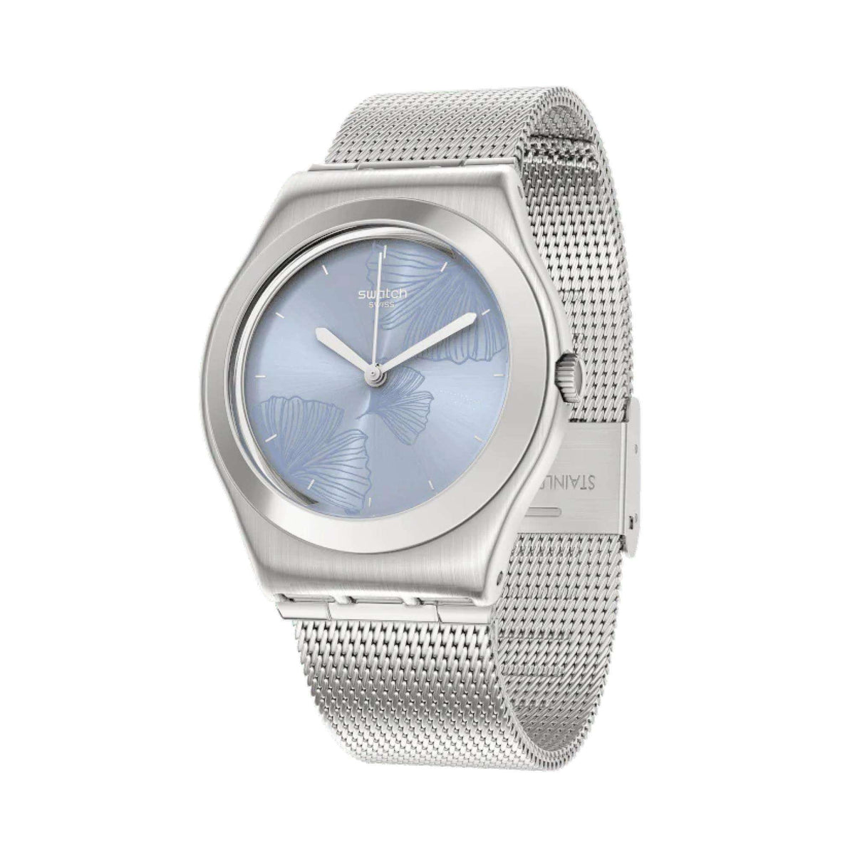 Swatch ladies watch angled view with light blue dial and silver mesh bracelet
