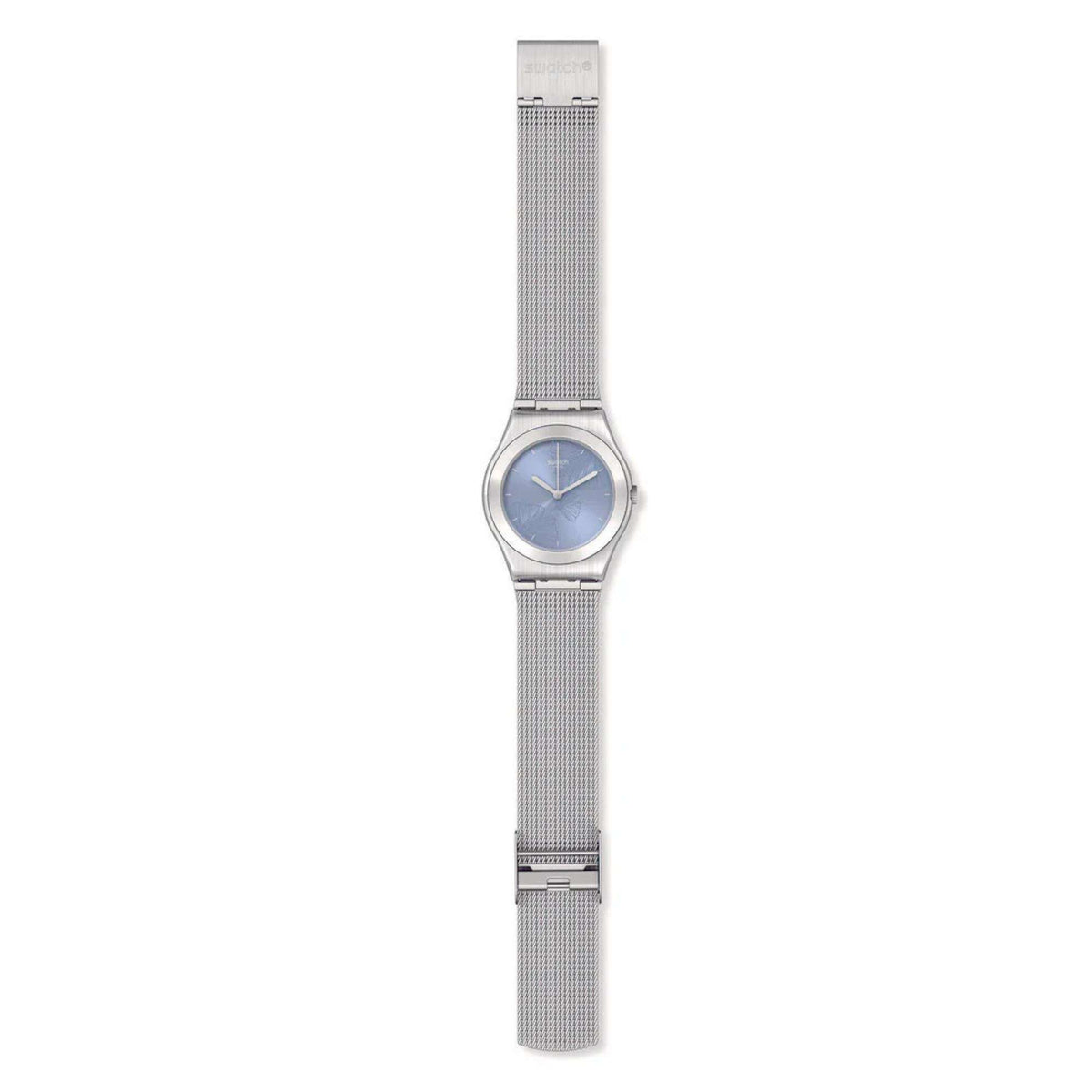 Swatch ladies watch vertical front view with silver mesh band and light blue dial