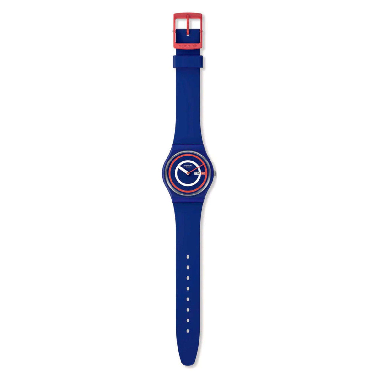 Blue Swatch watch on a blue silicone strap, round dial with red/white ring design