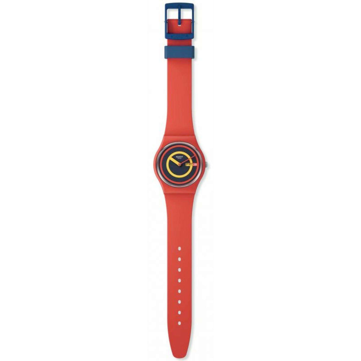 Pink quartz wristwatch with round dial and red silicone strap with blue top buckle.