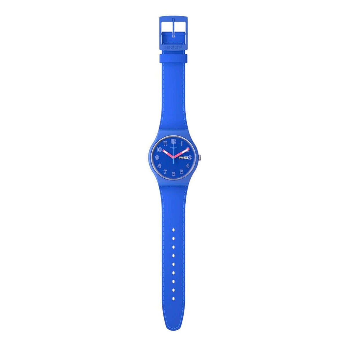 Swatch quartz watch with blue silicone strap and blue round case, side view