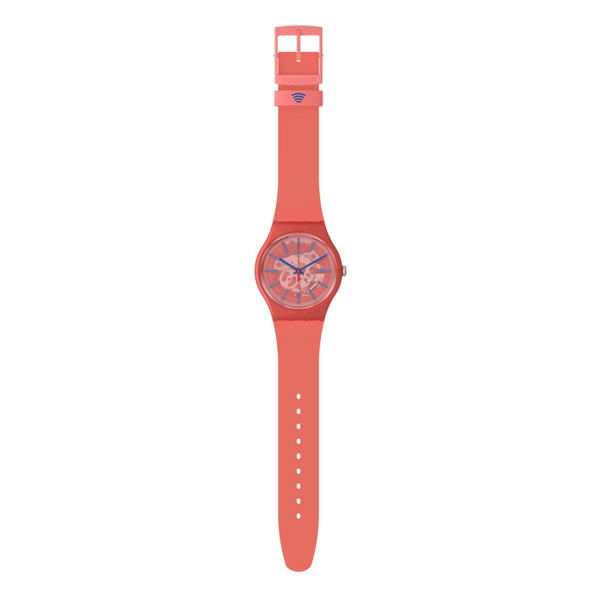 Red quartz dial Swatch watch with silicone strap, full front view