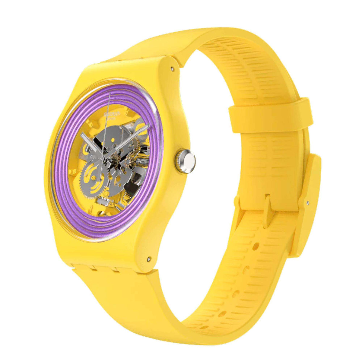 Yellow quartz watch on wrist with purple ring dial and silicone strap