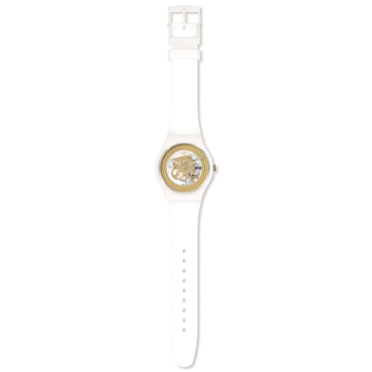 White silicone quartz watch with round skeleton dial and buckle clasp