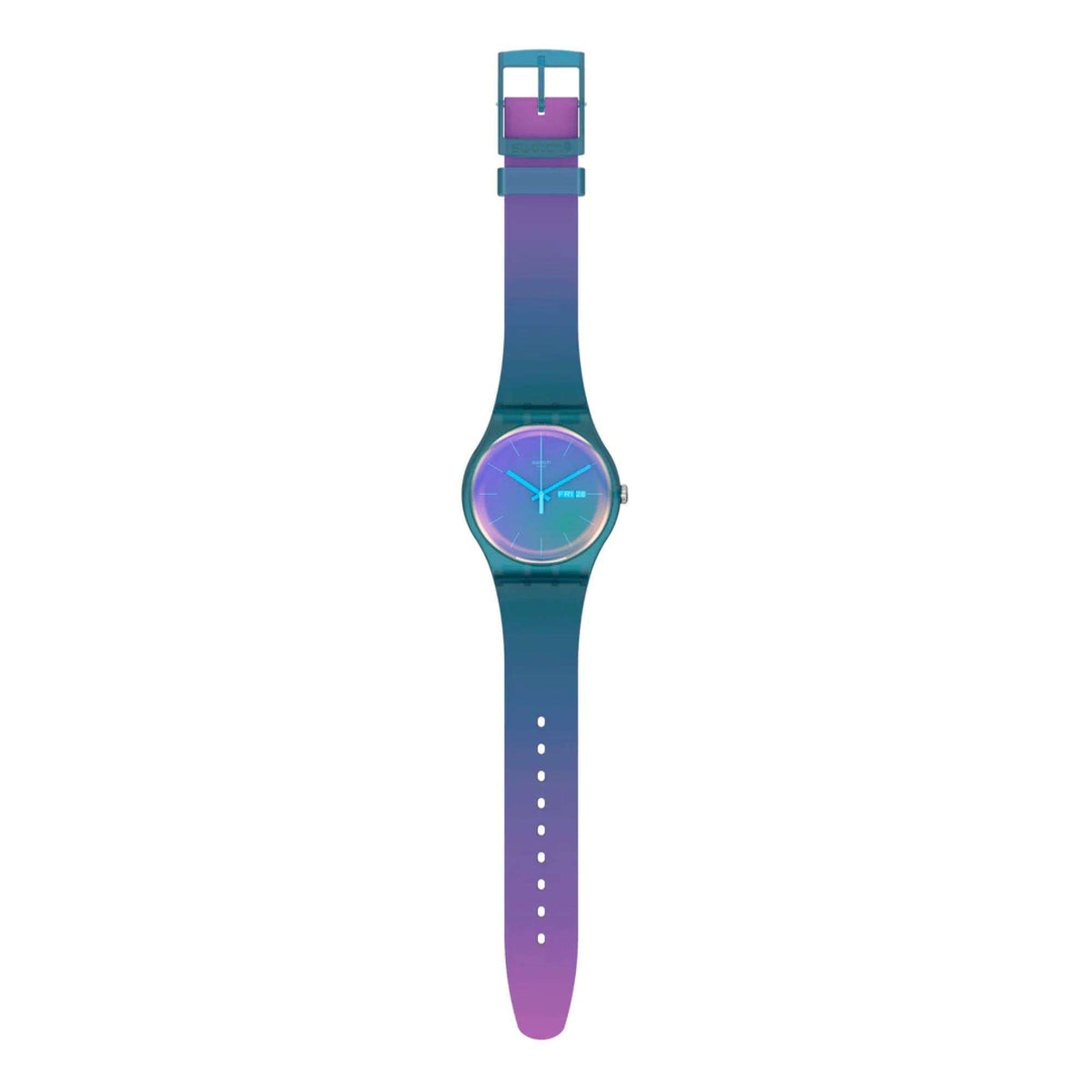 Ladies quartz watch with teal-to-purple silicone strap and round iridescent dial