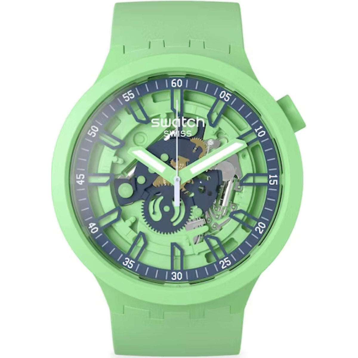 Swatch green quartz watch with skeleton-style dial and silicone strap