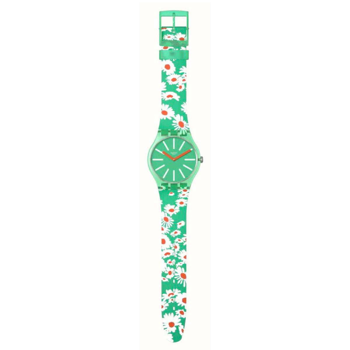 Green floral quartz watch with slim strap and round green face, side view