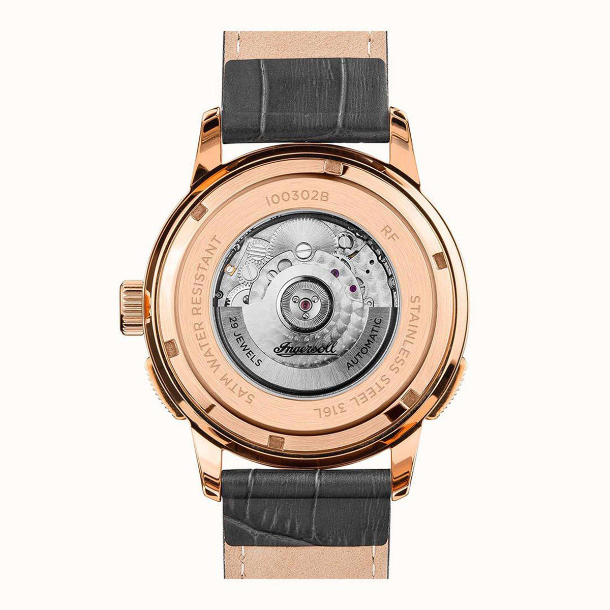 Ingersoll automatic watch case back with visible mechanics and black leather strap.