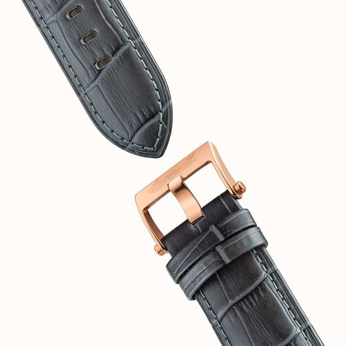 Black leather watch strap with rose-gold buckle and stitching, for Ingersoll automatic watch.