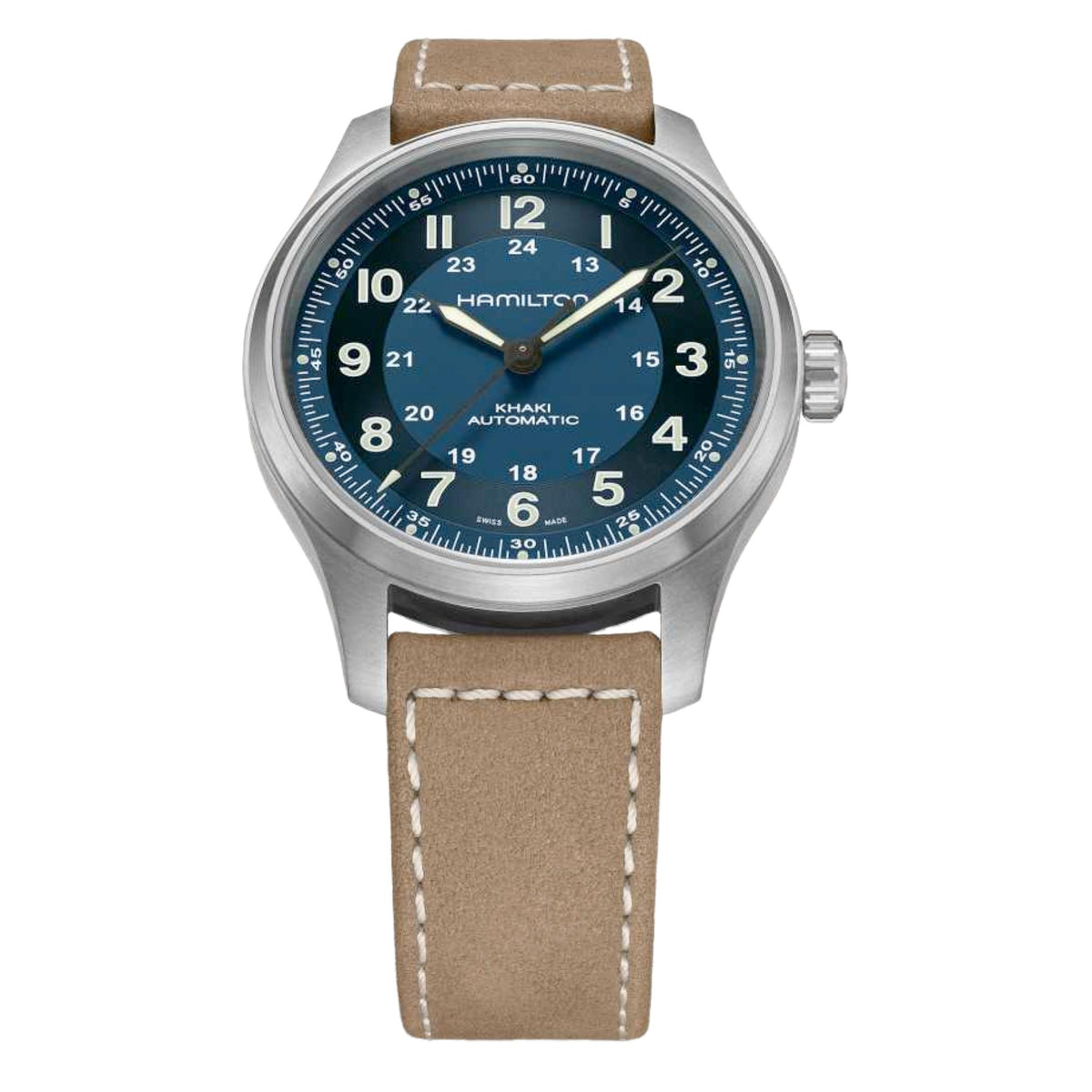 Hamilton Khaki Field H70545540 blue dial and brown leather strap with beige stitching detail