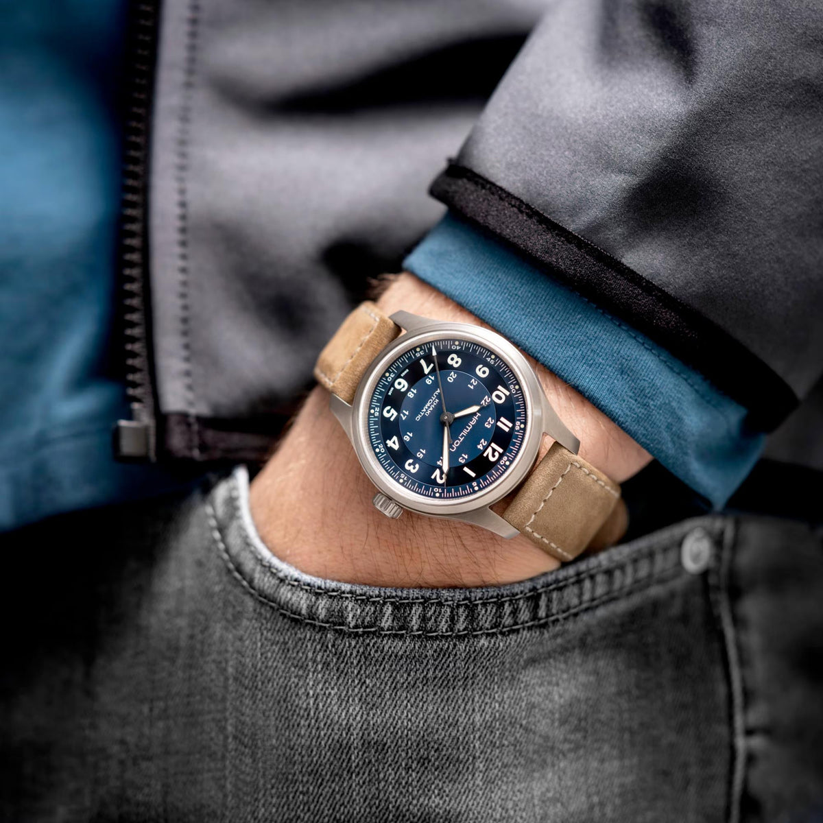 Hamilton Khaki Field Titanium 42mm blue dial leather watch worn on wrist H70545540