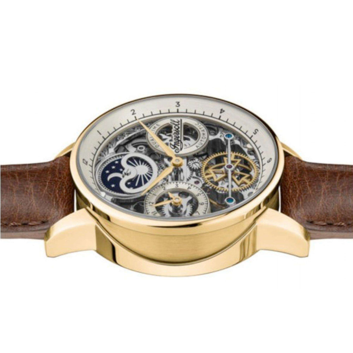 Men's automatic watch case side view showing skeleton dial through clear front