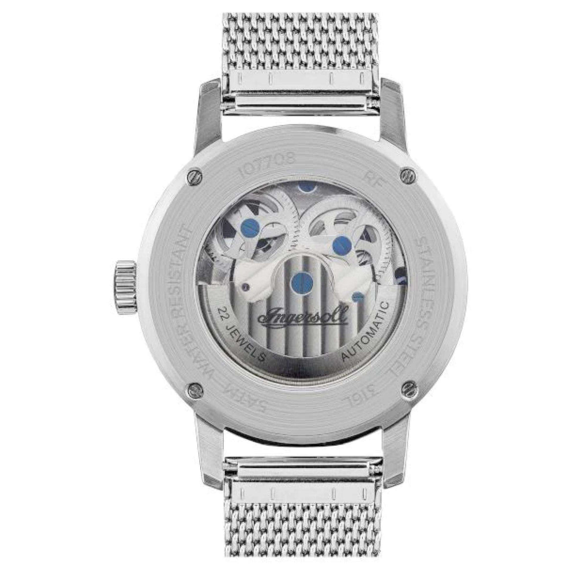 Men's automatic watch caseback with silver dial, blue accents, mesh strap, crown stem