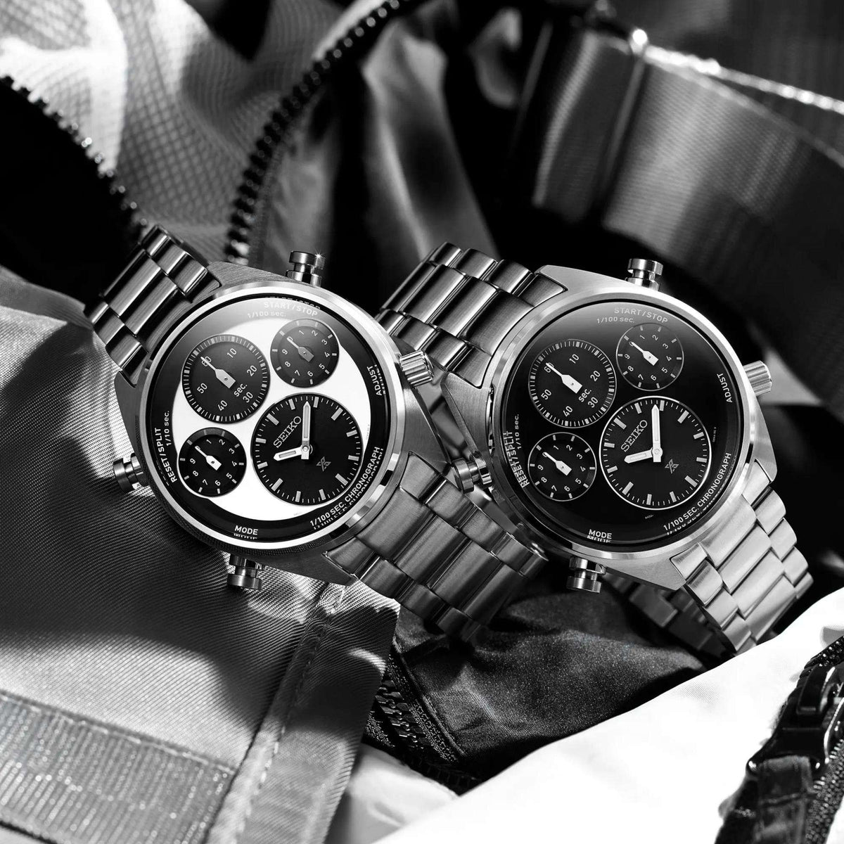Seiko Prospex Speedtimer SFJ001P1 white panda dial and black dial models lifestyle view