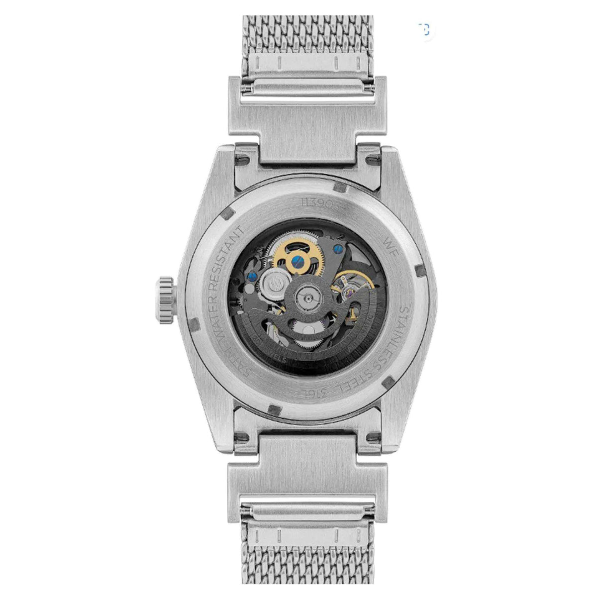 Men's watch case back with see-through window showing gold-toned mechanical movement
