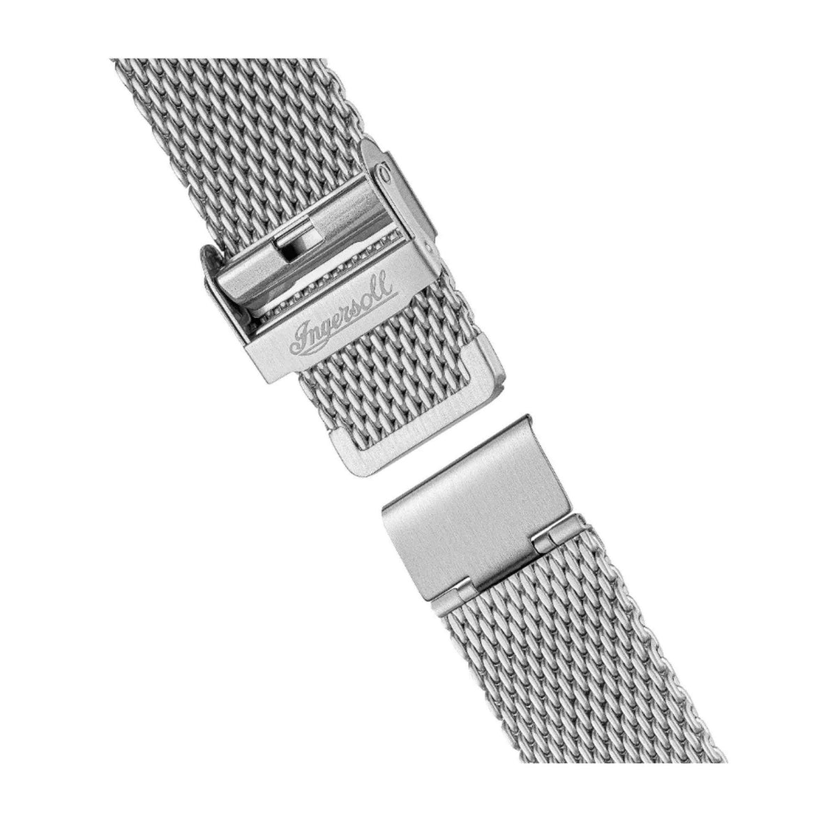 Stainless steel mesh watch bracelet with clasp and Ingersoll logo on the buckle