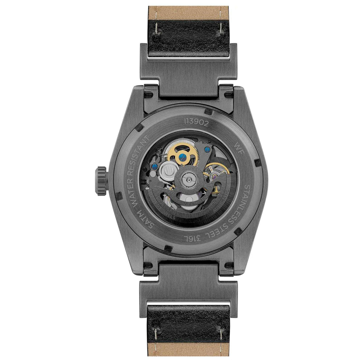 Automatic watch case back with engraved details and black leather strap