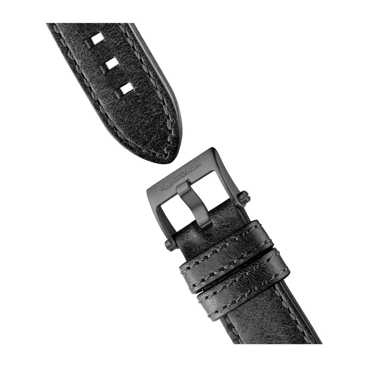 Black leather watch strap with metal buckle and visible stitching