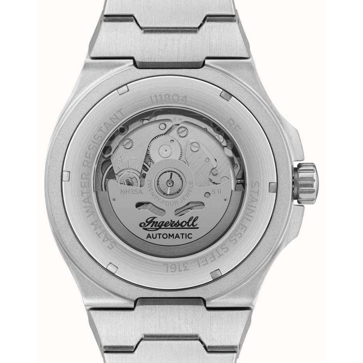 Men's Ingersoll automatic watch caseback in steel with engraved movement details and NH35A