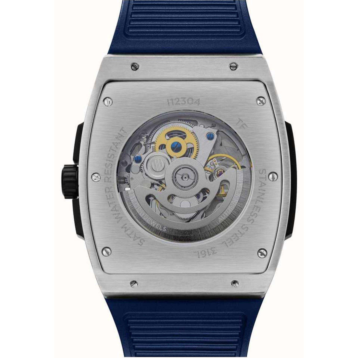 Men's automatic watch caseback with visible gears, blue silicone strap