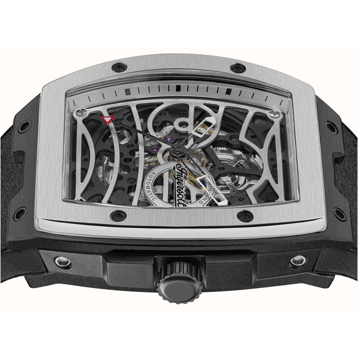 Automatic skeleton watch case close-up, silver frame with black strap and side crown