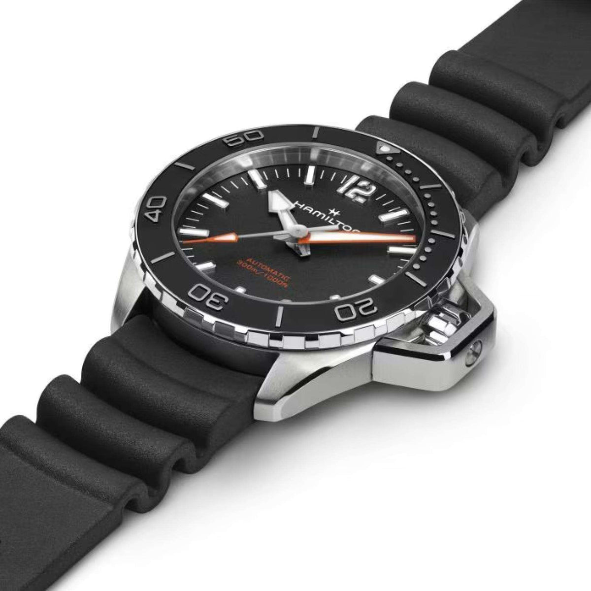 Hamilton automatic watch angled view with black dial, black rubber strap, silver case