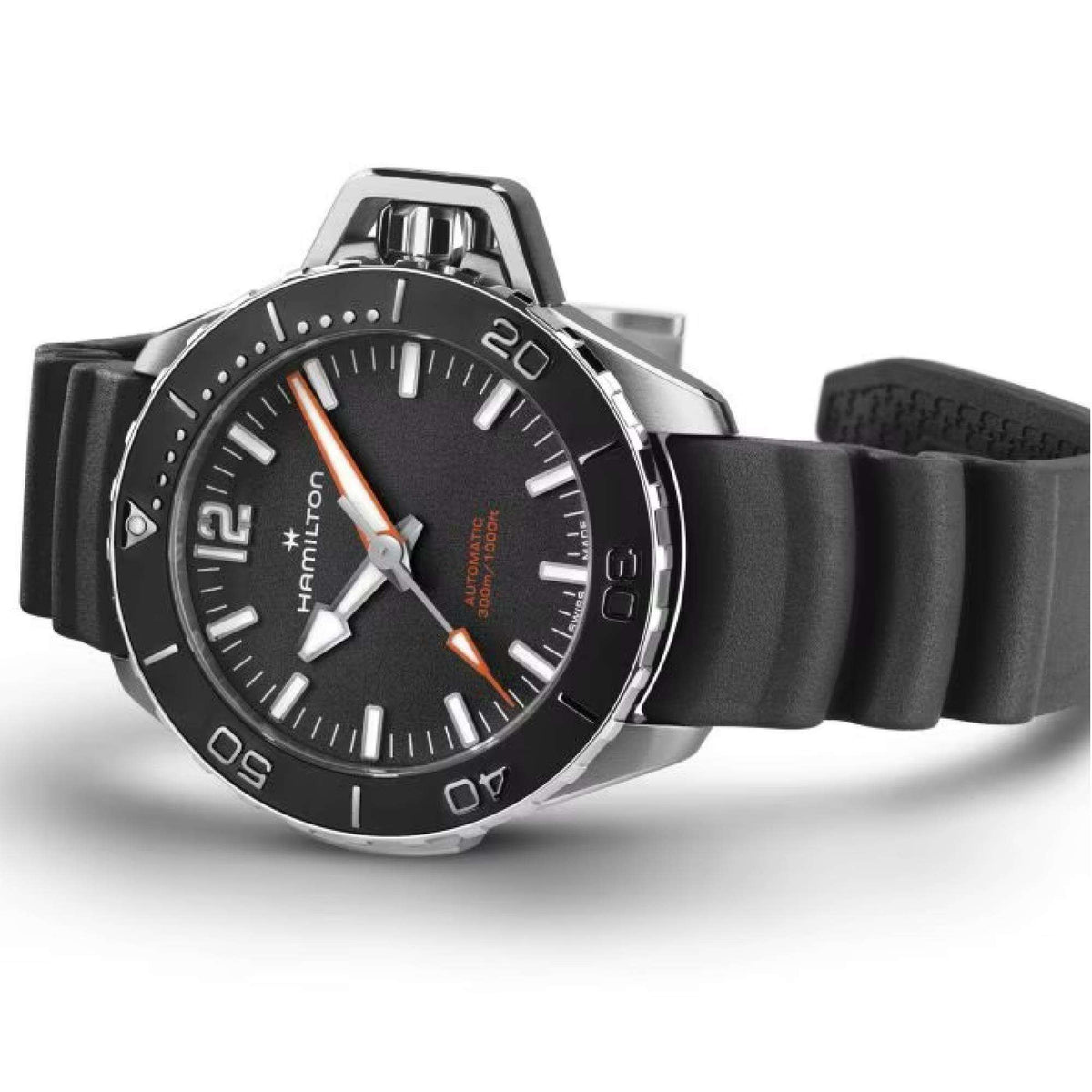 Hamilton automatic watch with black dial, stainless bezel, and black rubber strap
