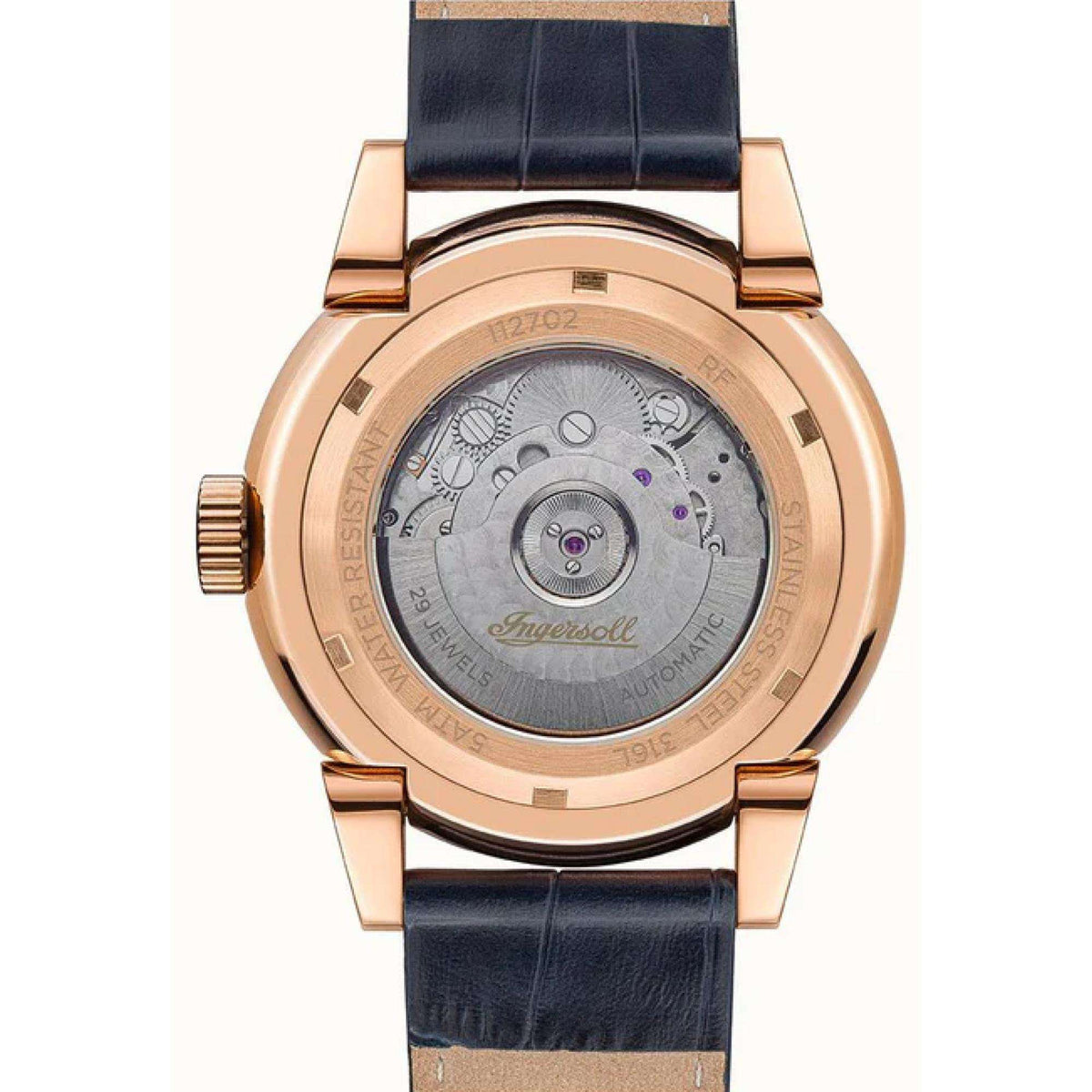 Gents automatic watch caseback view with metal back and dark blue leather strap
