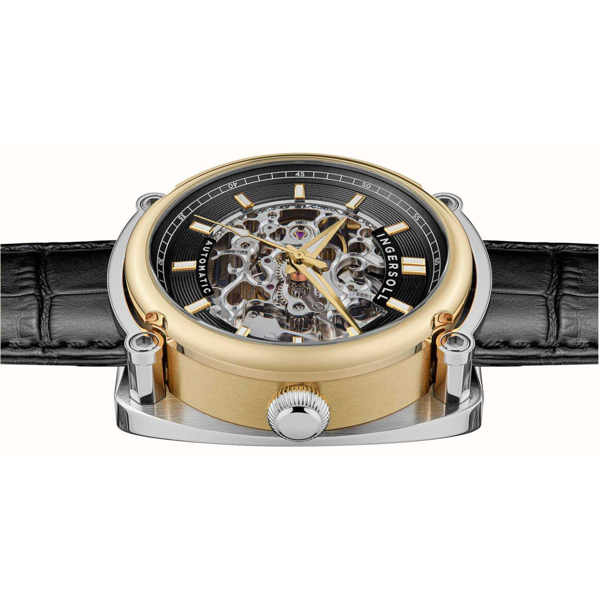 Automatic men's watch front, gold and silver case, black dial, black leather strap