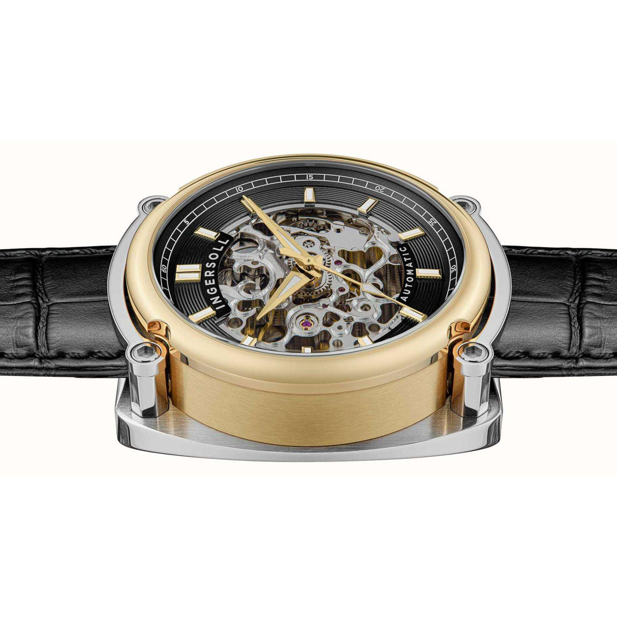 Automatic men's watch angled front, gold-tone bezel, black dial with visible gears