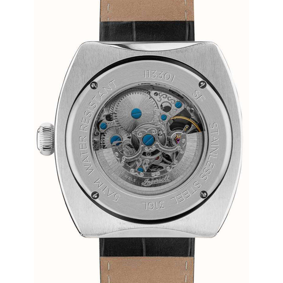 Men's watch case back with exposed movement, leather strap, stainless steel finish