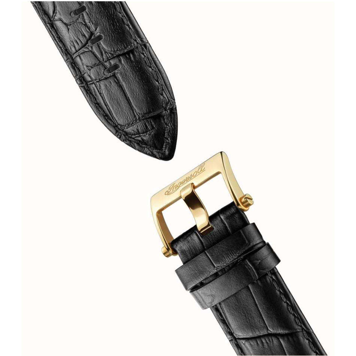 Black leather watch strap with gold-tone buckle and end hardware