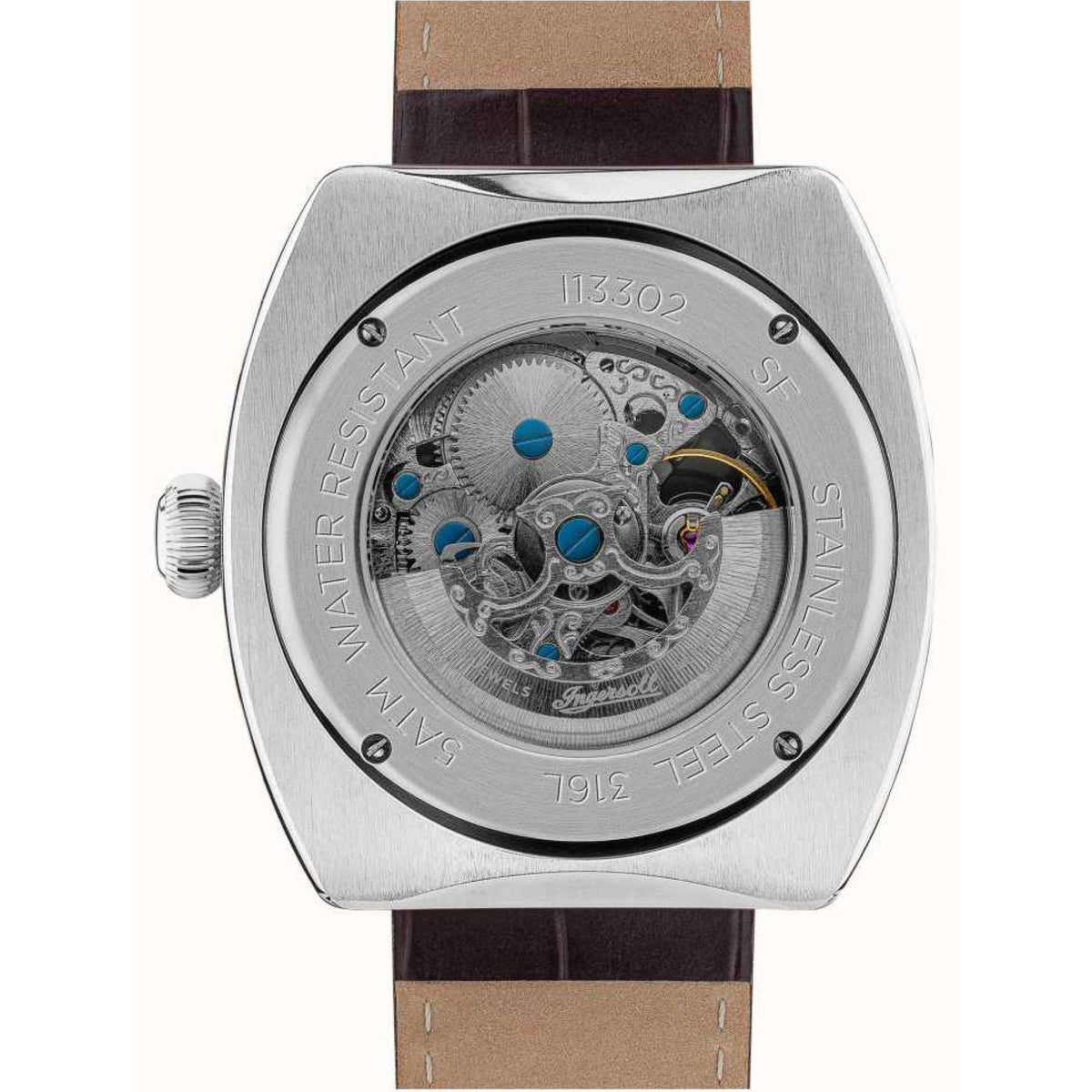 Men's watch case back with exposed movement, silver finish, brown leather strap.