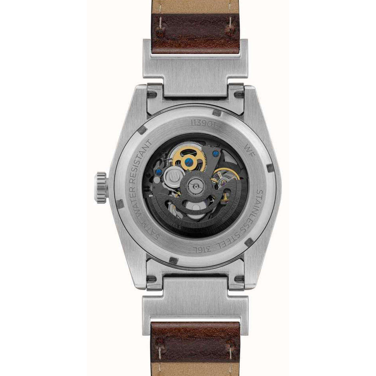 Men's watch caseback showing automatic movement, brown leather strap, silver finish.
