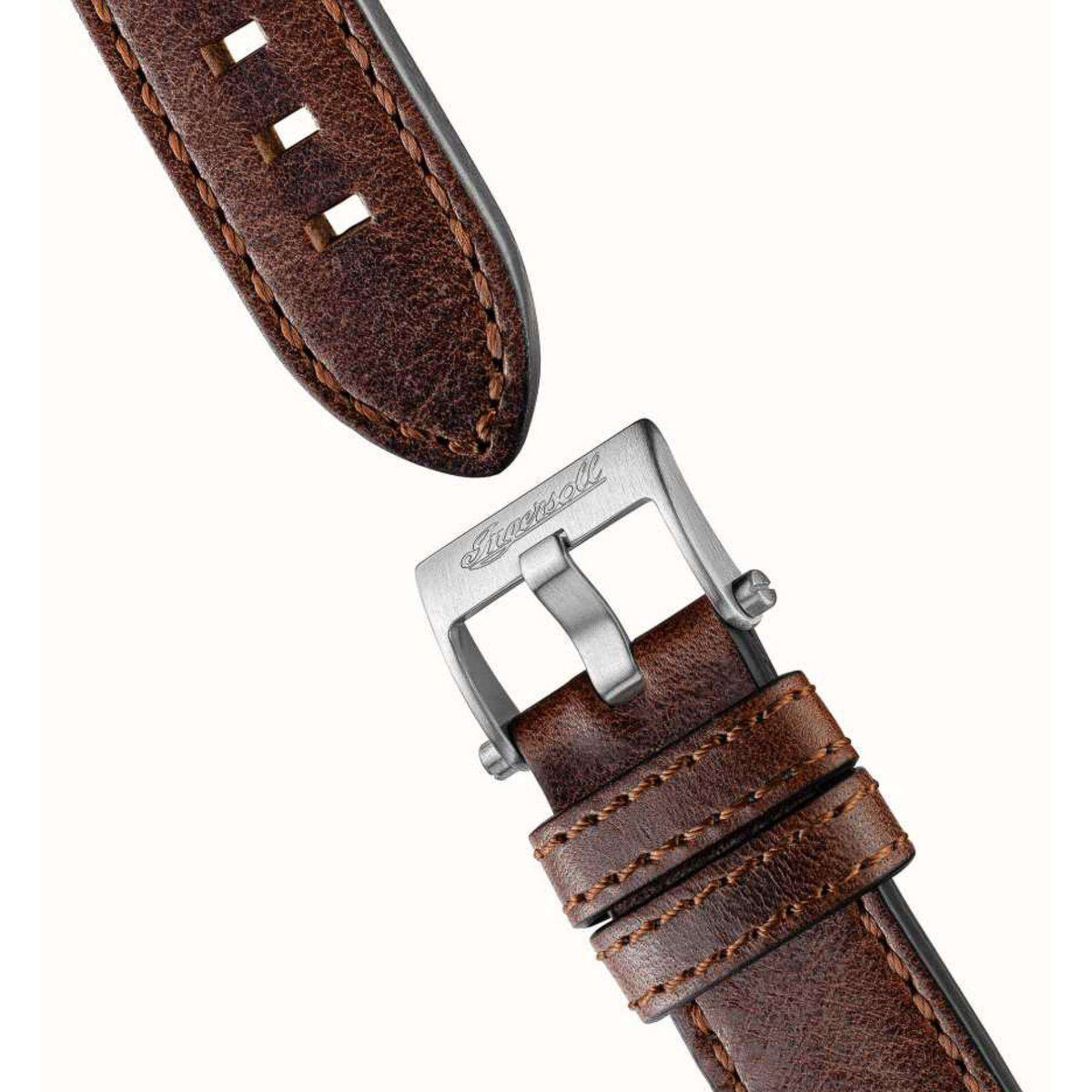 Brown leather watch strap with stitching and metal buckle on a silver watch case.