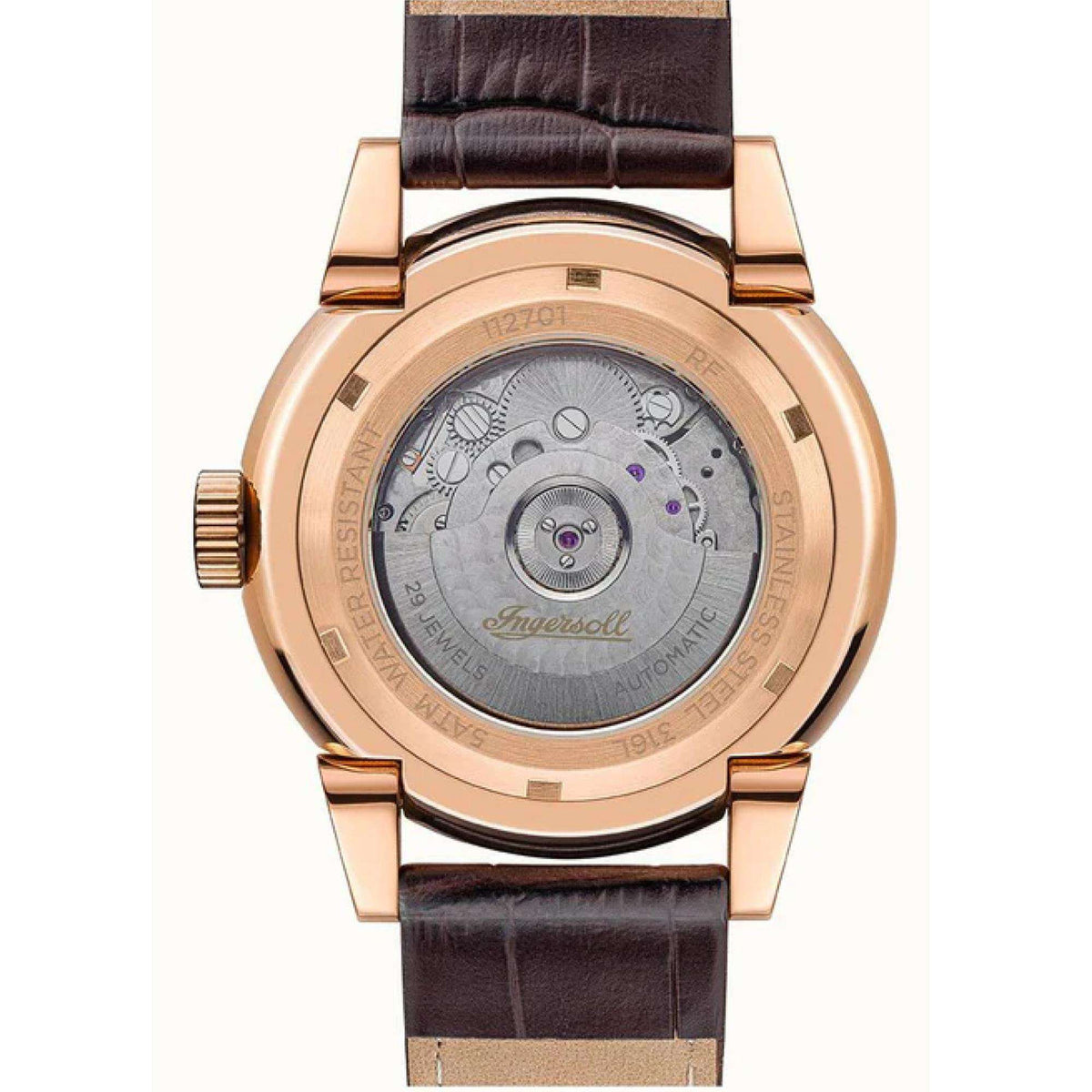 Men's automatic watch case back view with rose-gold finish and brown leather strap